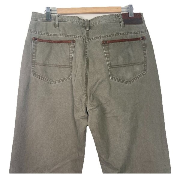 Orvis 5 Pocket Leather Trim Jeans Green Chino Denim Workwear Mens Size 36 X 34 - Picture 4 of 10